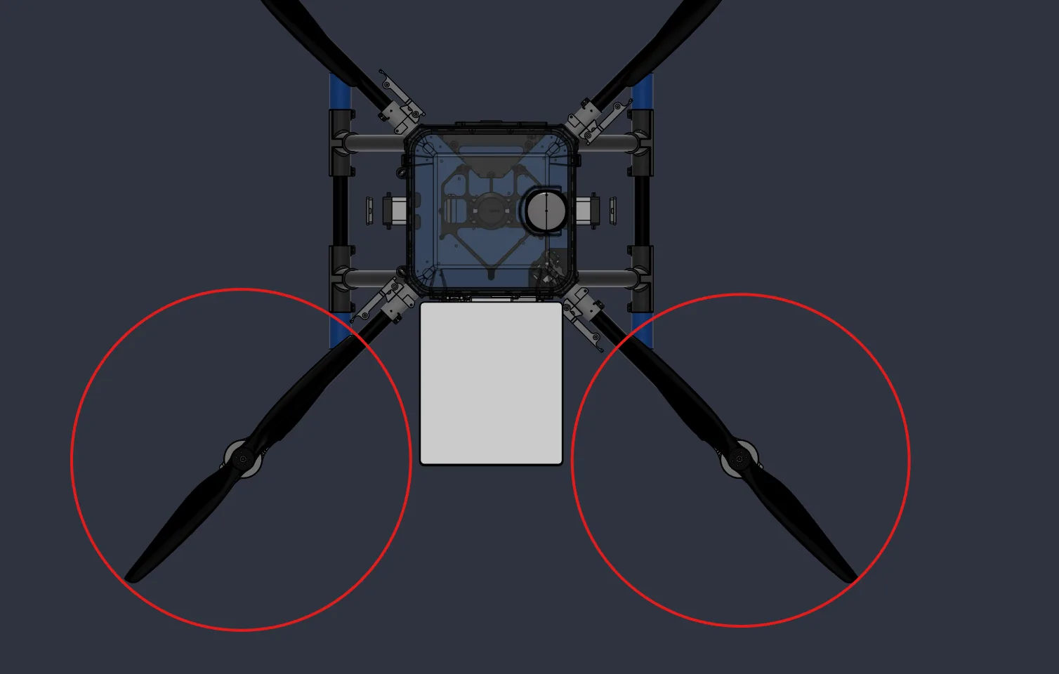 Top view showing prop arcs and dish footprint